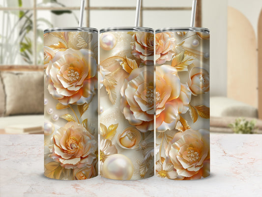 Three floral tumblers with ornate gold rose designs and pearl accents.