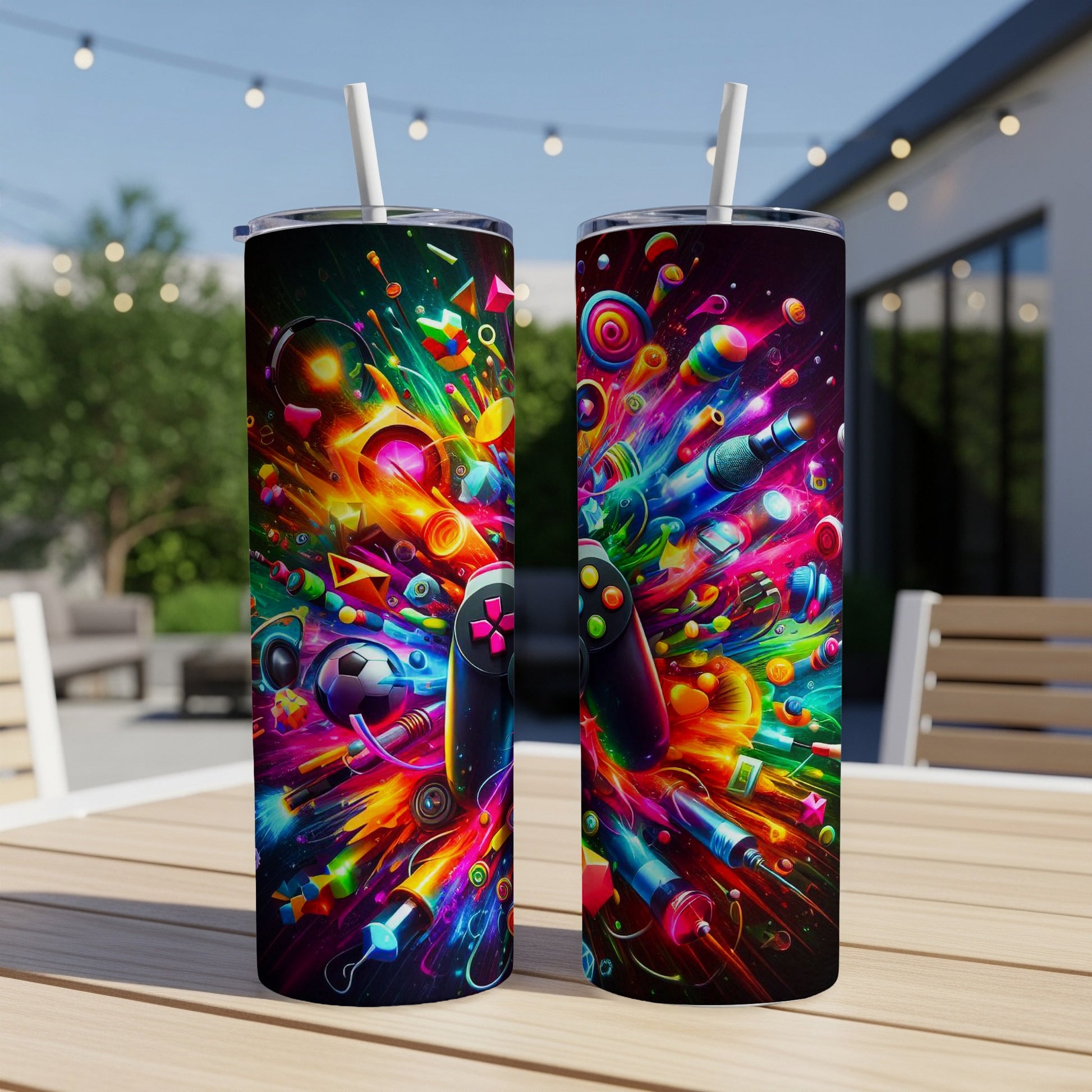 Two colorful tumblers with video game and abstract graphics, on a table outdoors.
