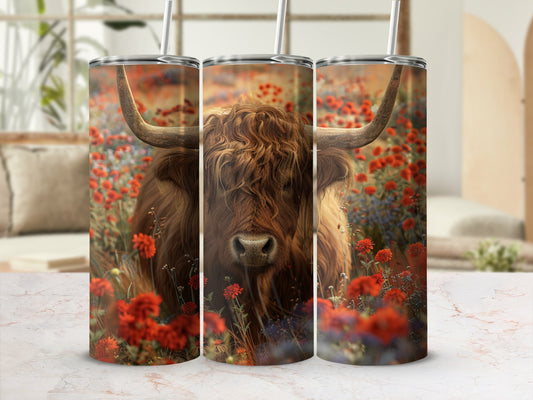 Highland cow with large horns in a field of red poppies.