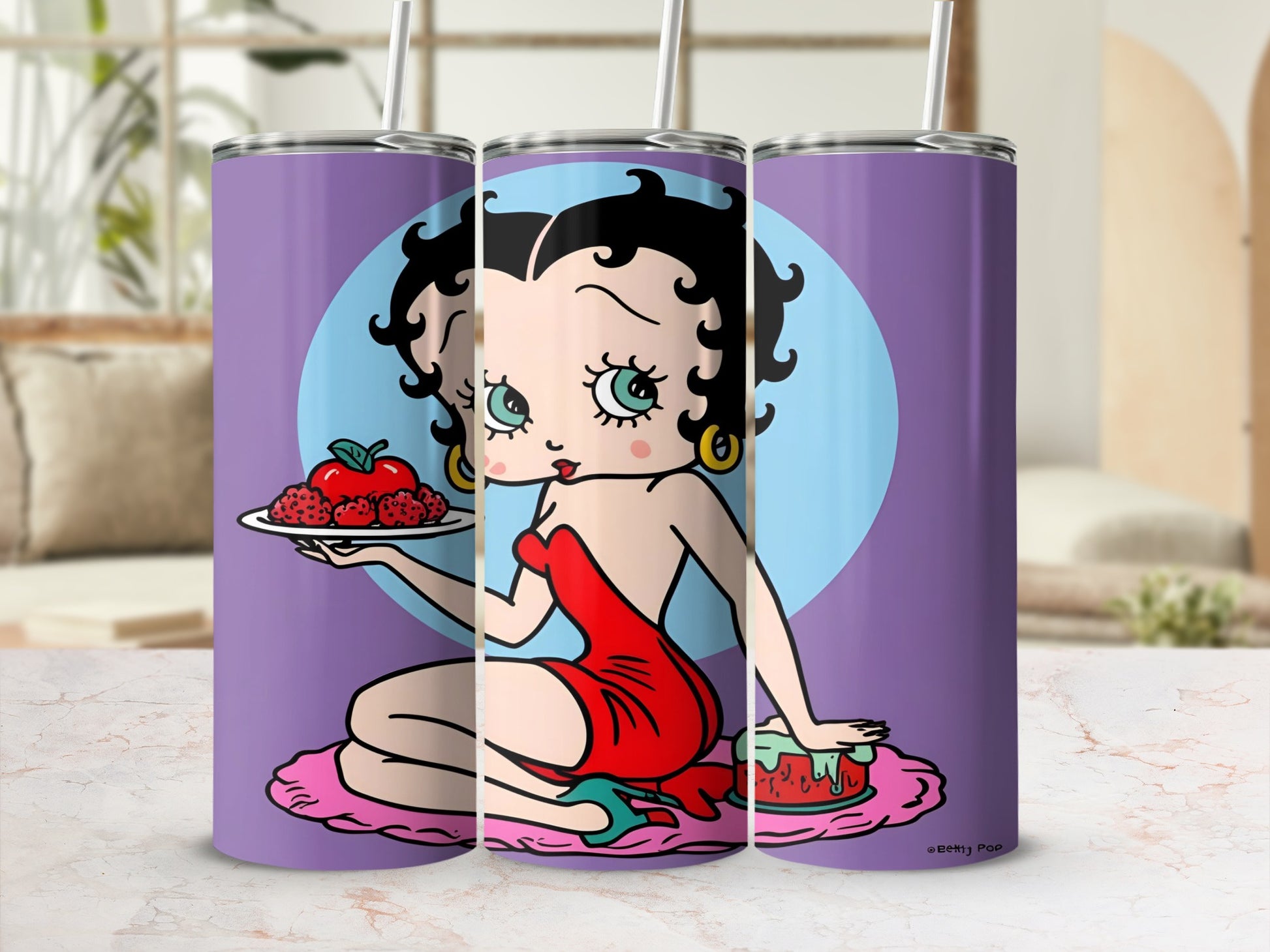 Betty Boop in a red dress holding a plate of strawberries.