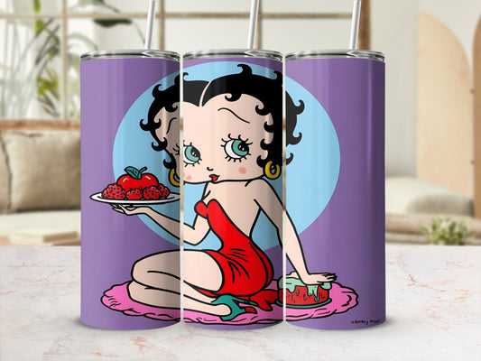 Betty Boop in a red dress holding a plate of strawberries.