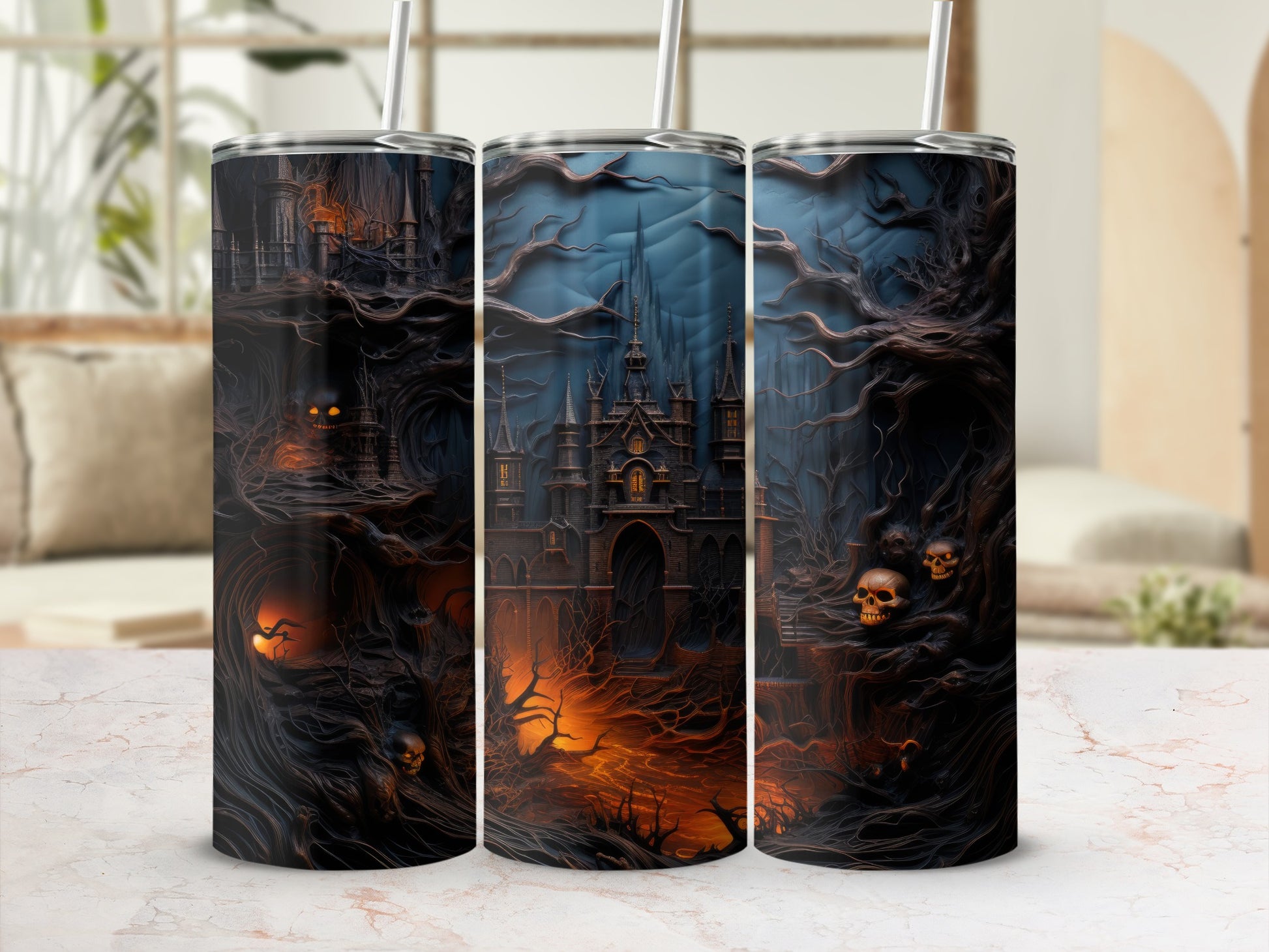 Three tumblers feature a spooky dark castle, bare trees, and skulls on a Halloween-themed background.
