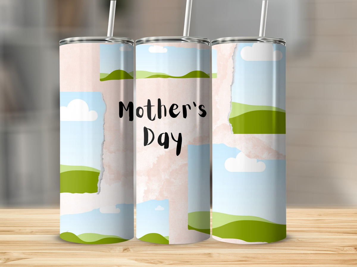 Three tumblers with "Mother's Day" text and a scenic sky and landscape design.