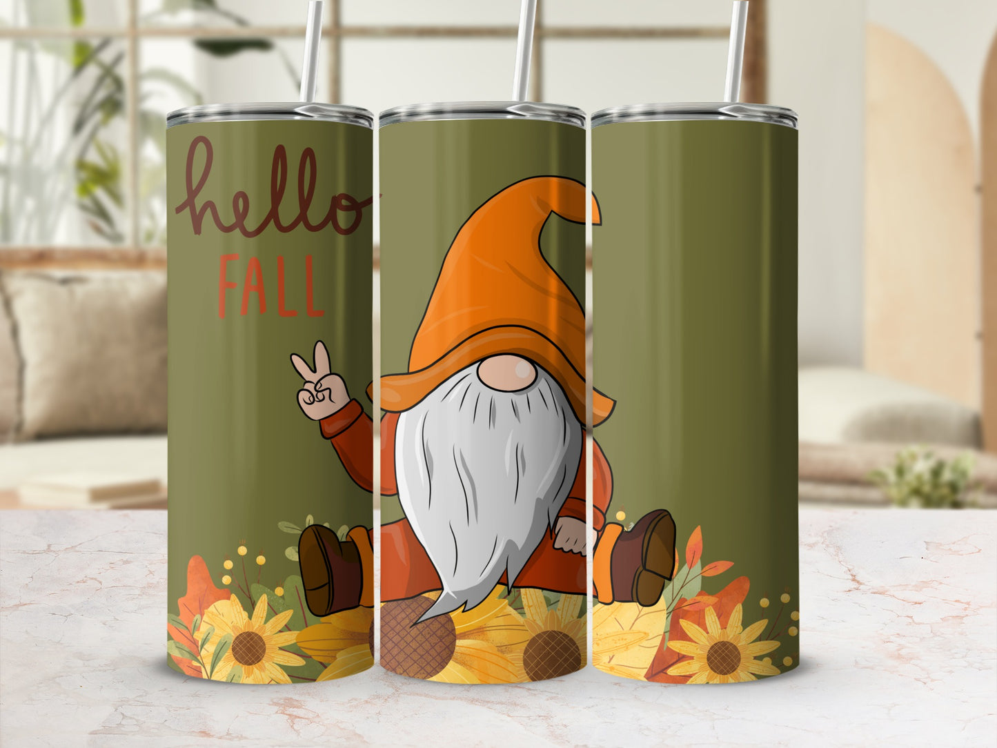 Tumbling tumbler with gnome and "Hello Fall" text.