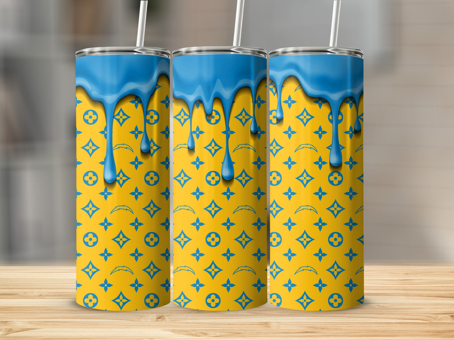 Blue Drip Chargers Logos Yellow Background Design Tumblers