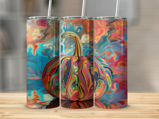 Three colorful tumblers featuring a psychedelic pumpkin design.