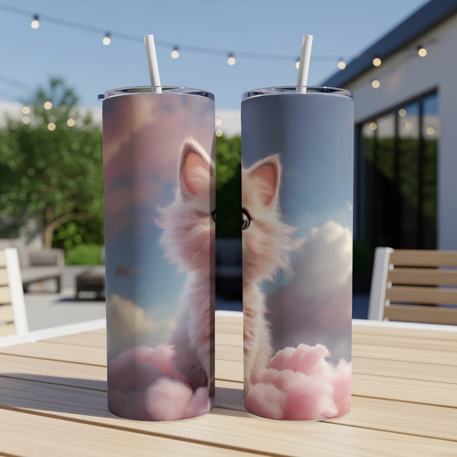 Two tumblers feature a fluffy pink cat peeking from pink clouds against a blue sky.