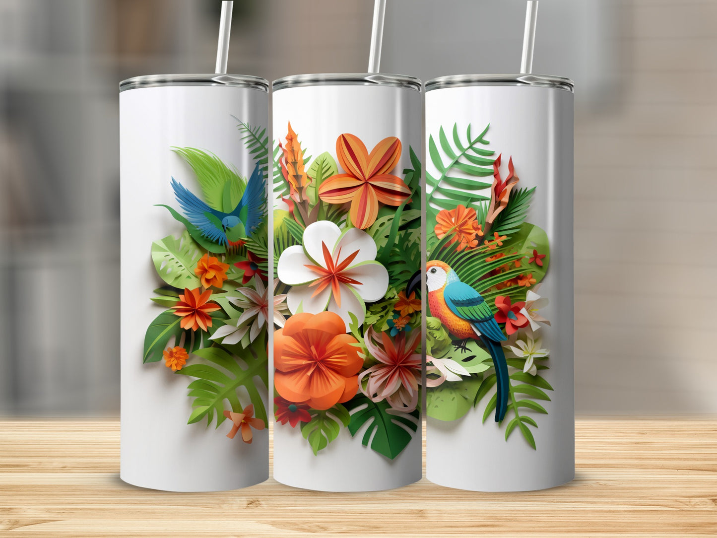Tropical Floral and Bird Print Stainless Steel Tumbler