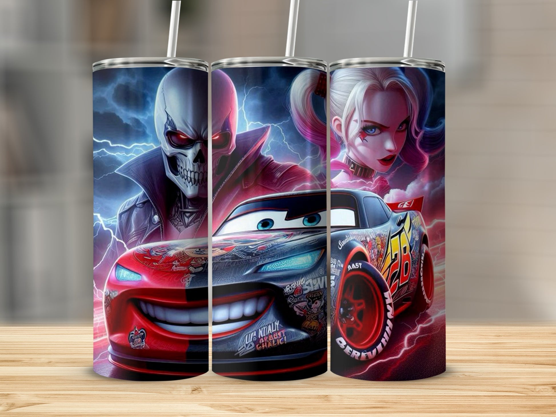 Lightning McQueen, Joker, and Skull character tumbler with lightning and racing graphics.