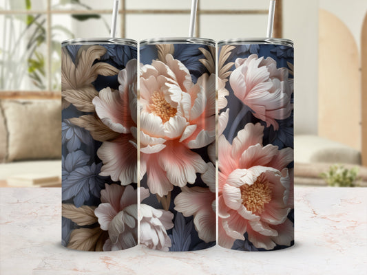 Three tumblers with a pink and white floral design on a blurred background.