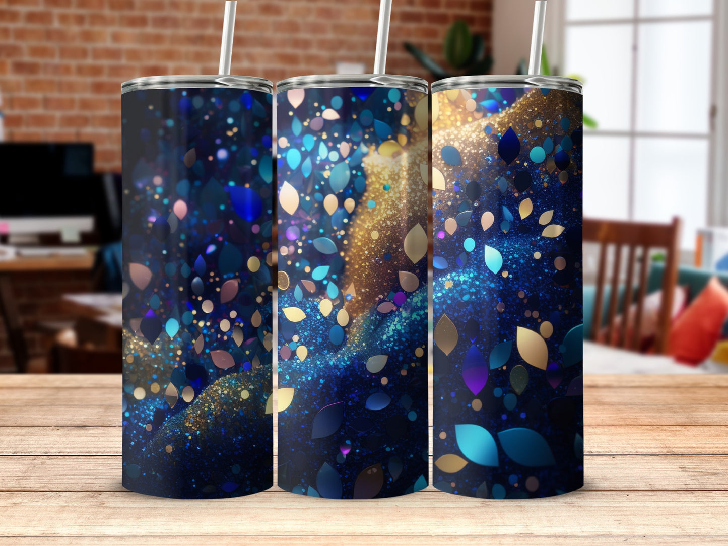 Abstract Glitter Blue Gold Leaves Tumbler Design