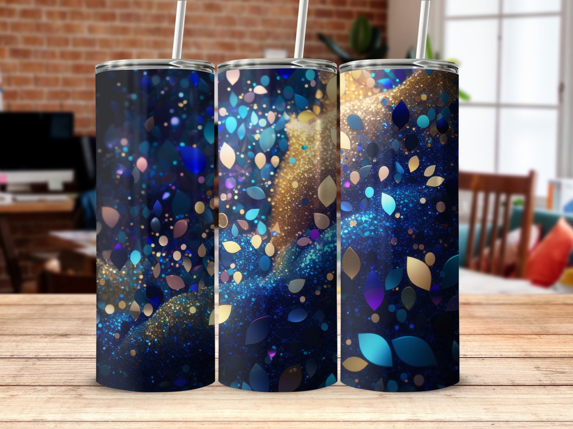 Abstract Glitter Blue Gold Leaves Tumbler Design