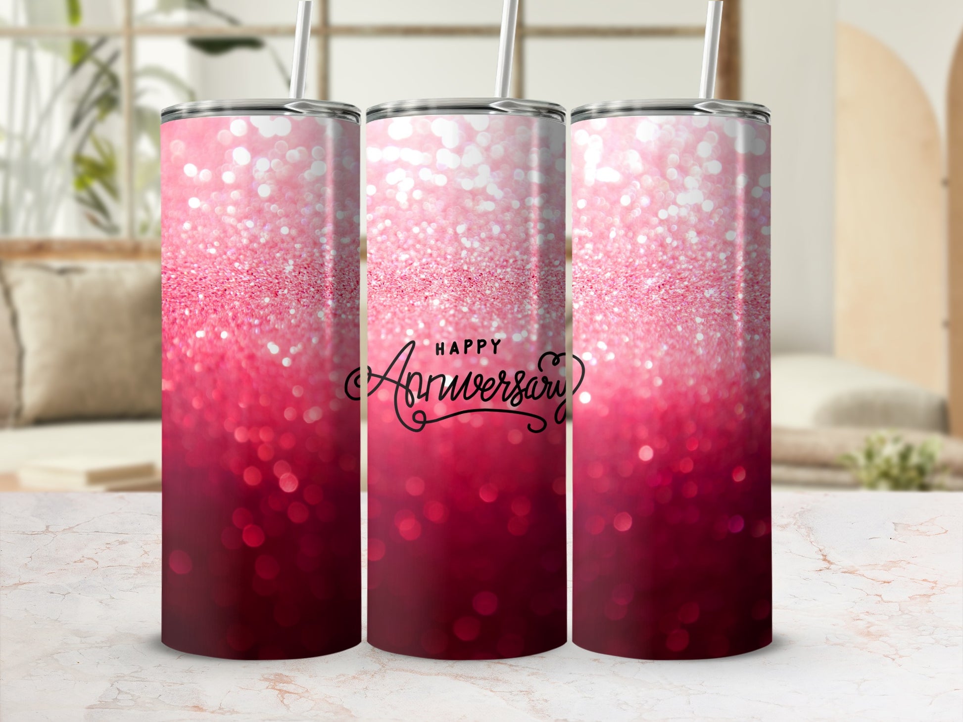 Pink glitter tumbler with "Happy Anniversary" in cursive.