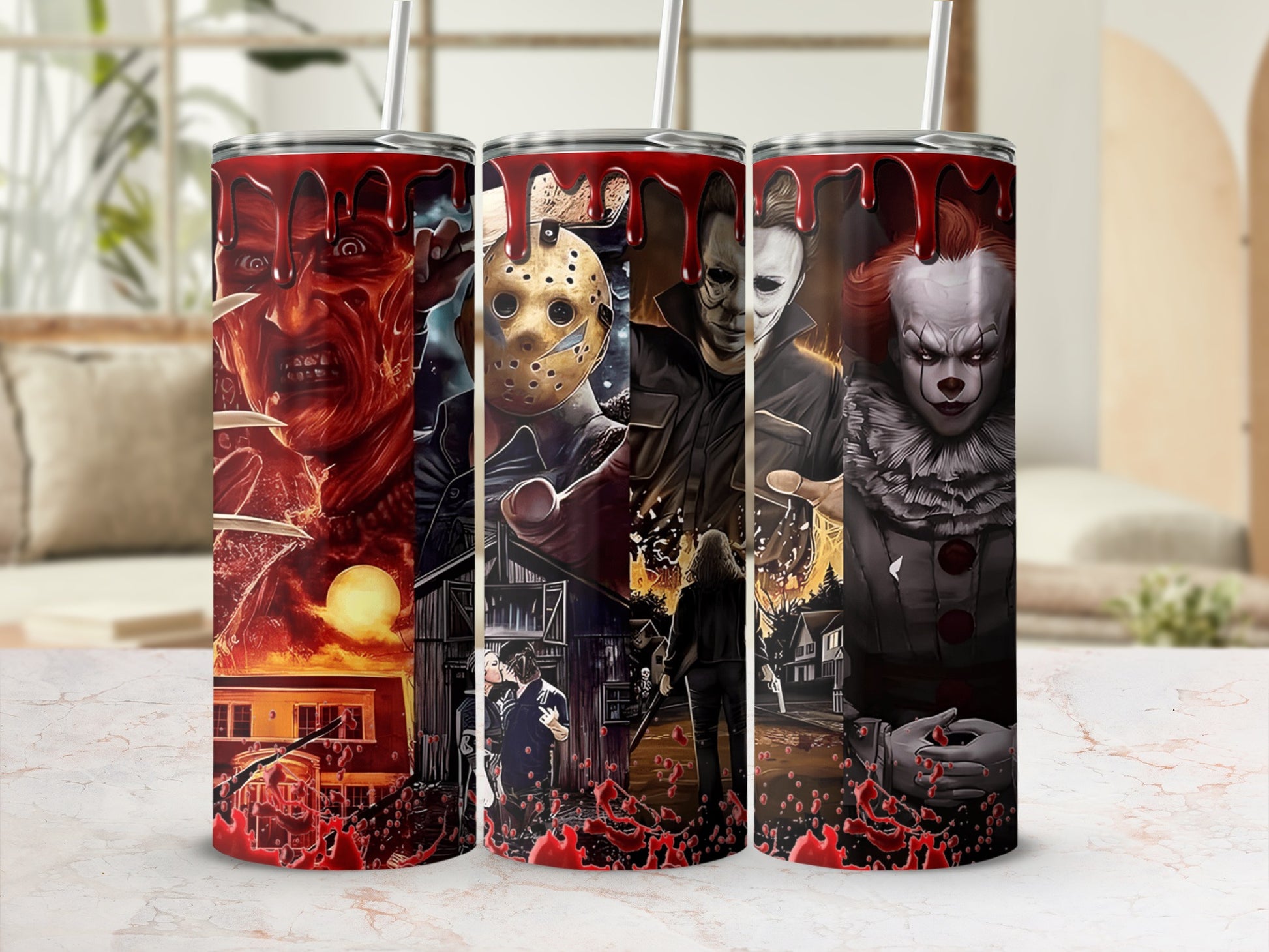 Three horror movie villains on tumblers with dripping blood accents.