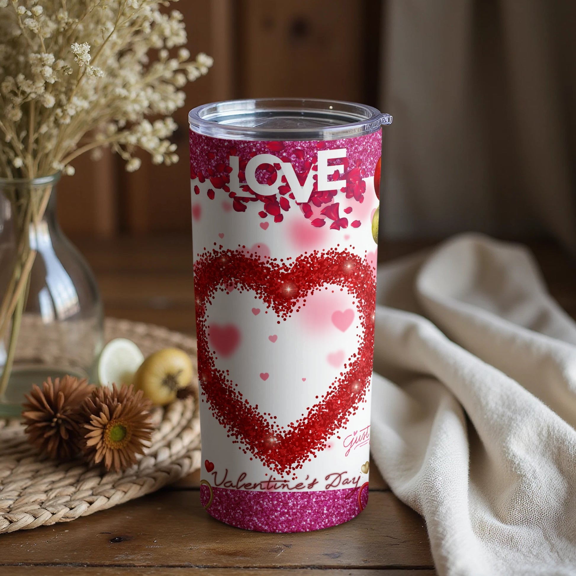 Valentine's Day Glitter LOVE Heart Tumbler Gift
