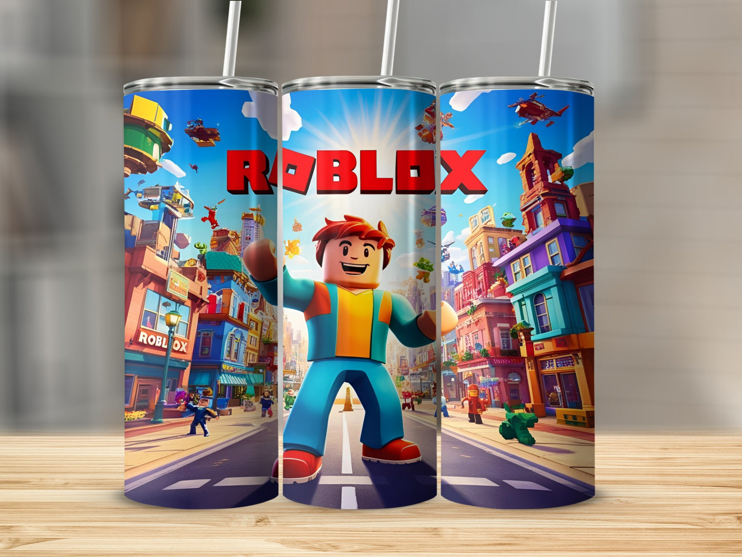 Roblox character on colorful city street, tumbler design.