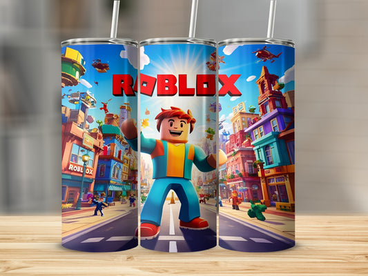 Roblox character on colorful city street, tumbler design.