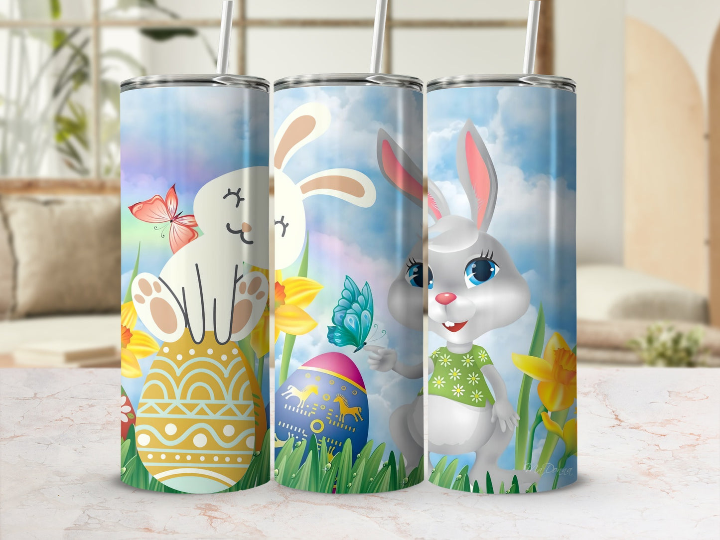 Adorable Easter Bunny and Eggs Design Tumbler Set