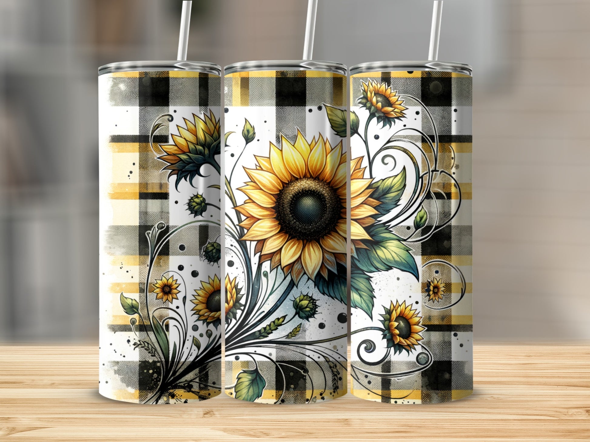 Sunflower tumbler with yellow and black plaid background.