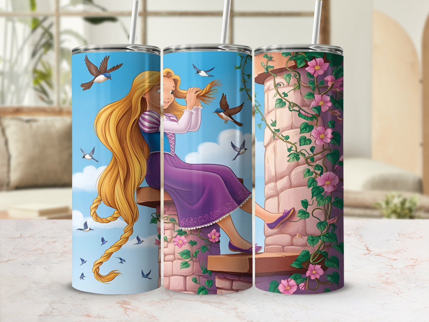 Rapunzel with long blonde hair on a stone tower with birds.