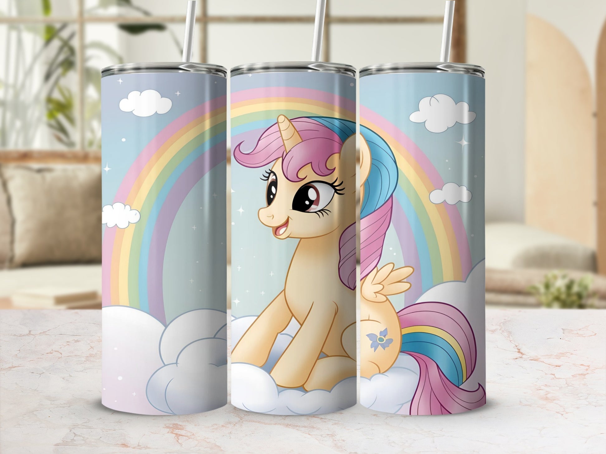My Little Pony character on a rainbow and cloud background.