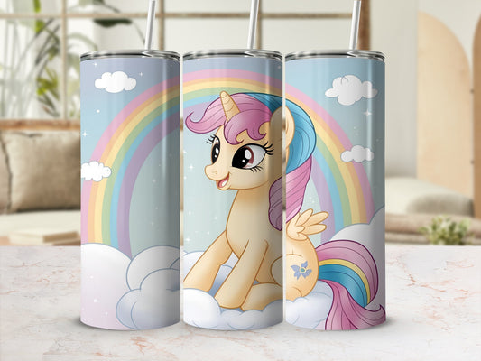 My Little Pony character on a rainbow and cloud background.