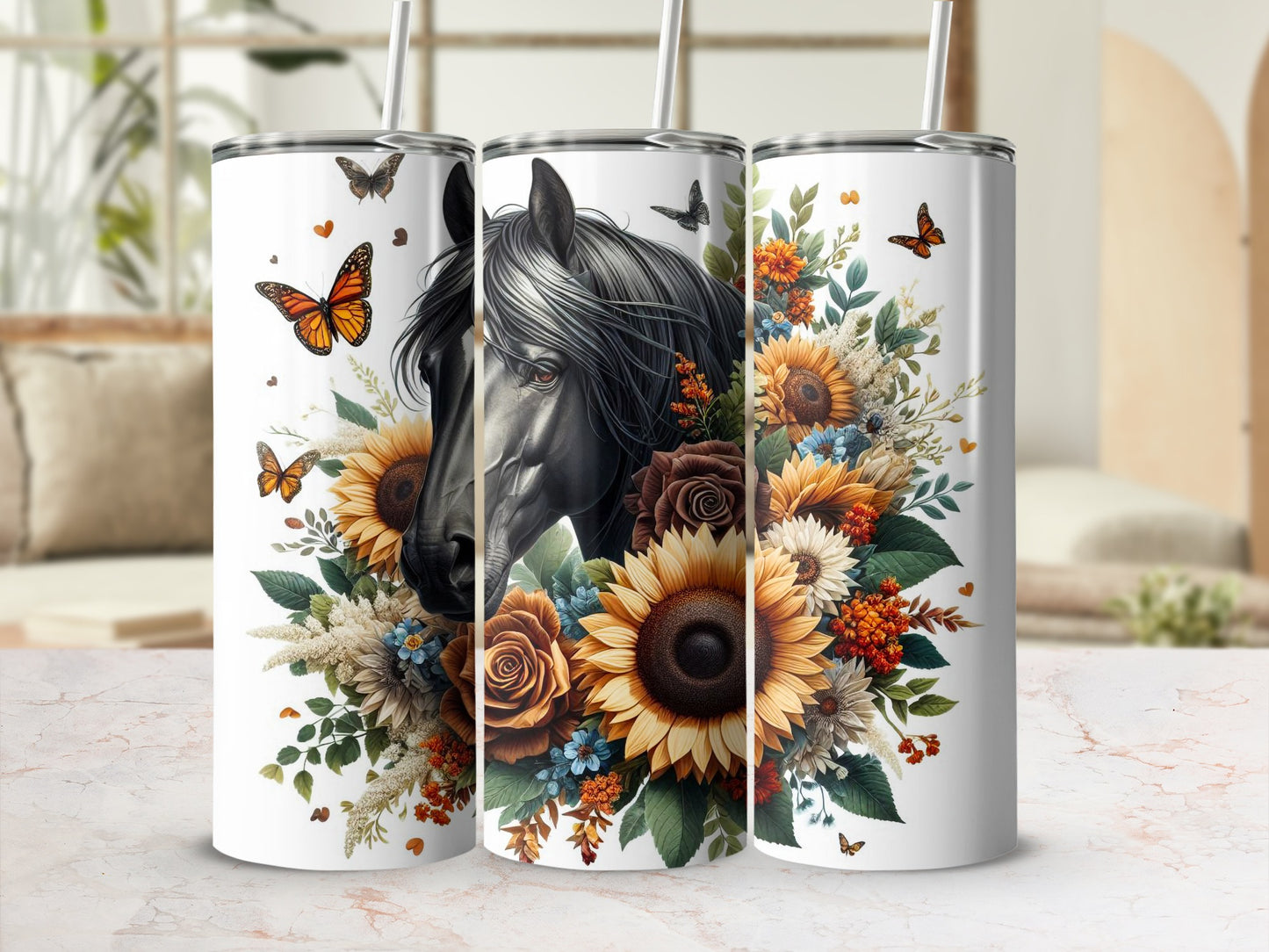 Horse portrait with sunflowers, butterflies, and wildflowers on a skinny tumbler.