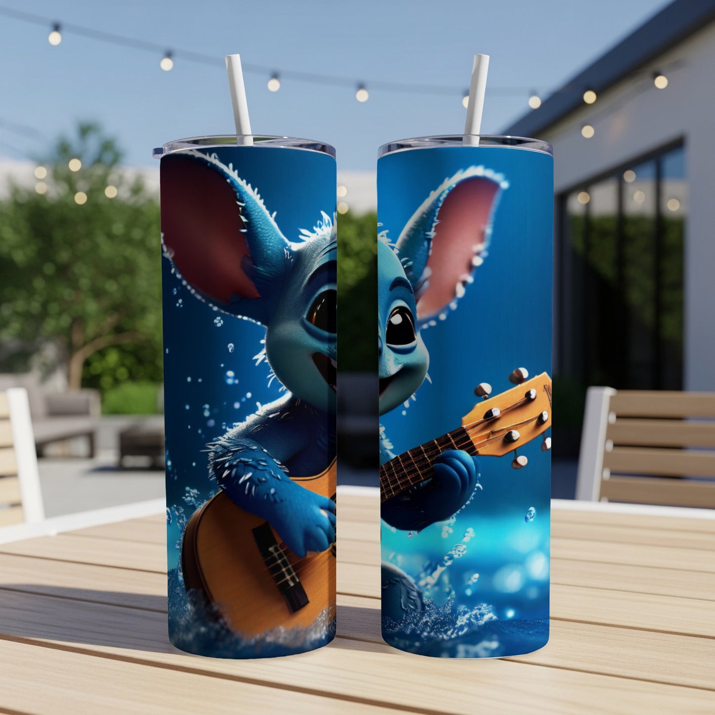 Blue alien character playing a ukulele on a blue background.
