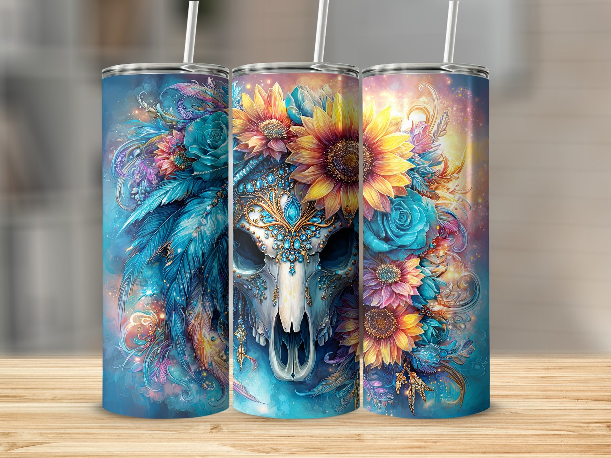 Colorful Skull with Sunflowers and Feathers Tumbler