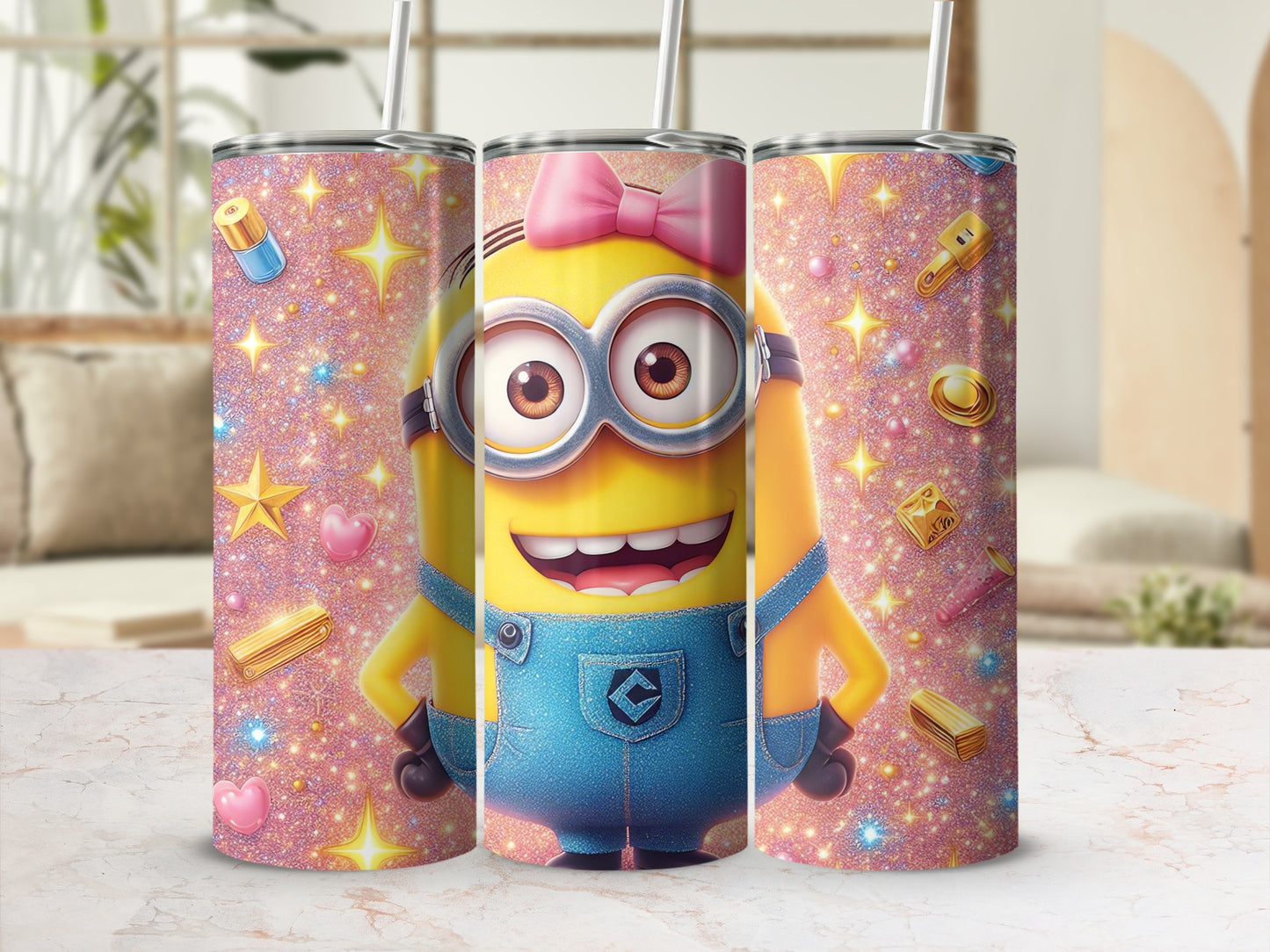 Sparkling Minion Tumbler with Pink Ribbon Design
