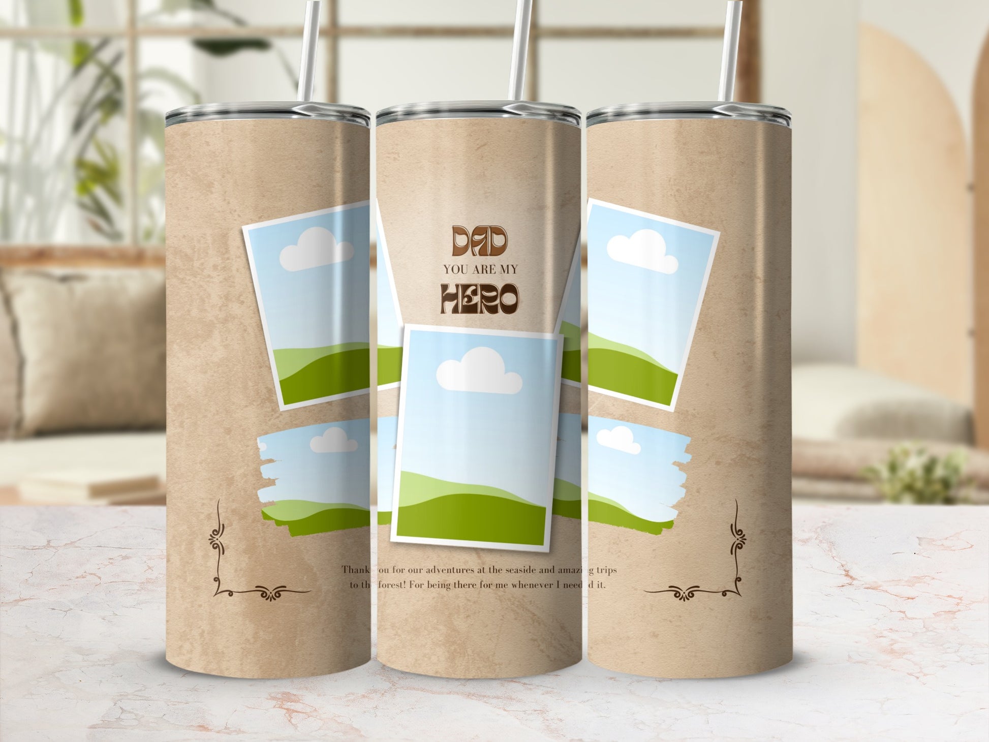 Tumbler with "Dad you are my hero" text and landscape photo placeholders.
