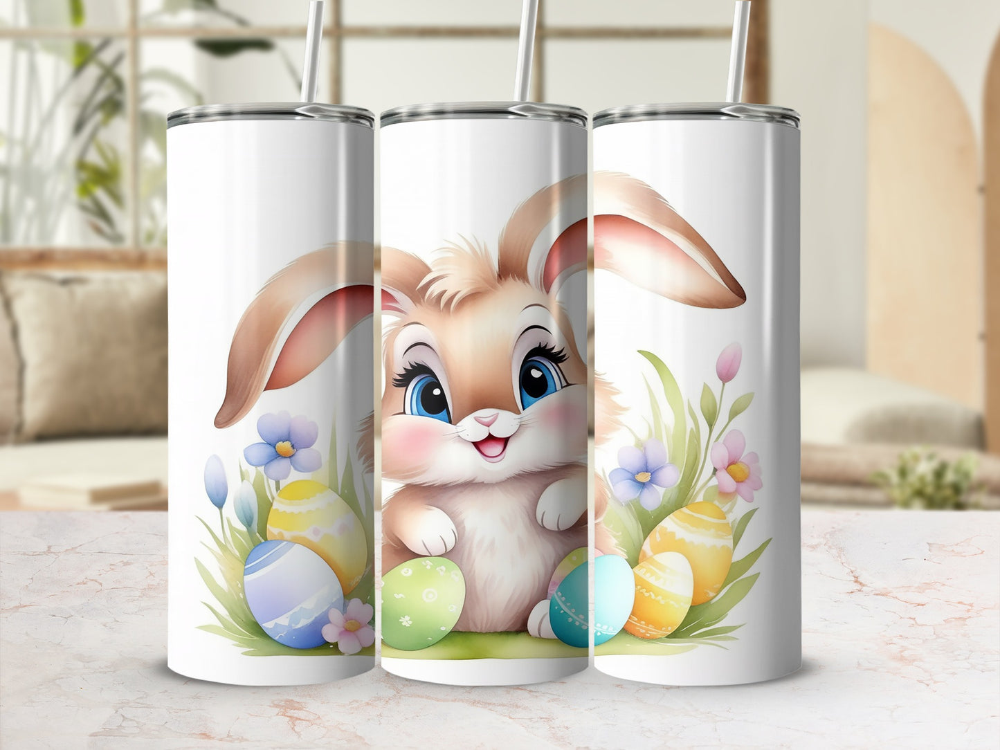 Easter bunny with painted eggs and spring flowers on a tumbler.