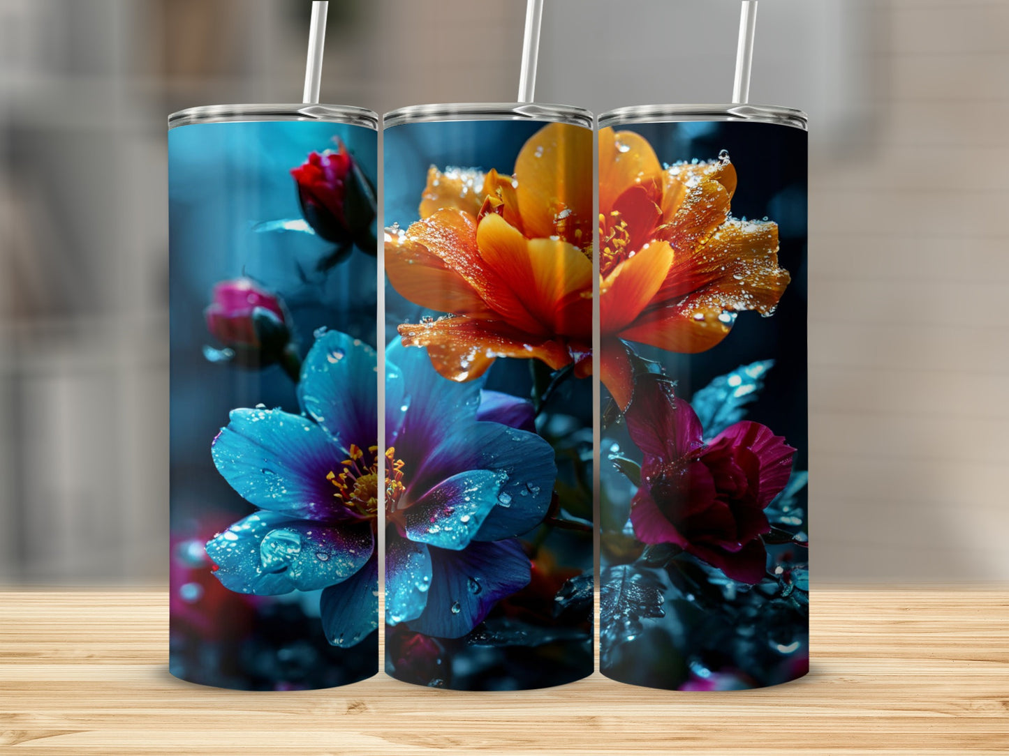 Three tumblers with vibrant floral designs and water droplets.
