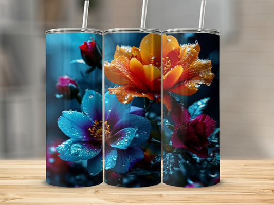 Three tumblers with vibrant floral designs and water droplets.