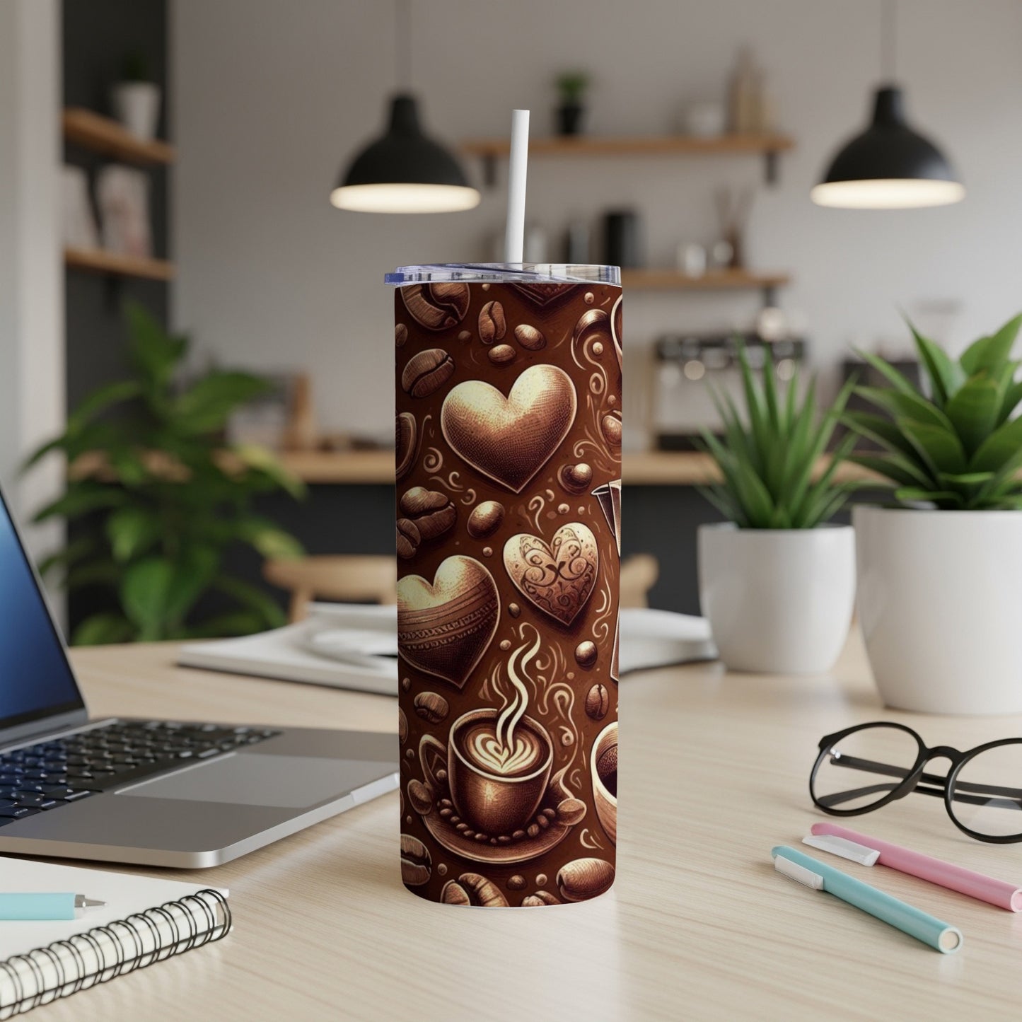 Brown tumbler with hearts and coffee cup pattern.
