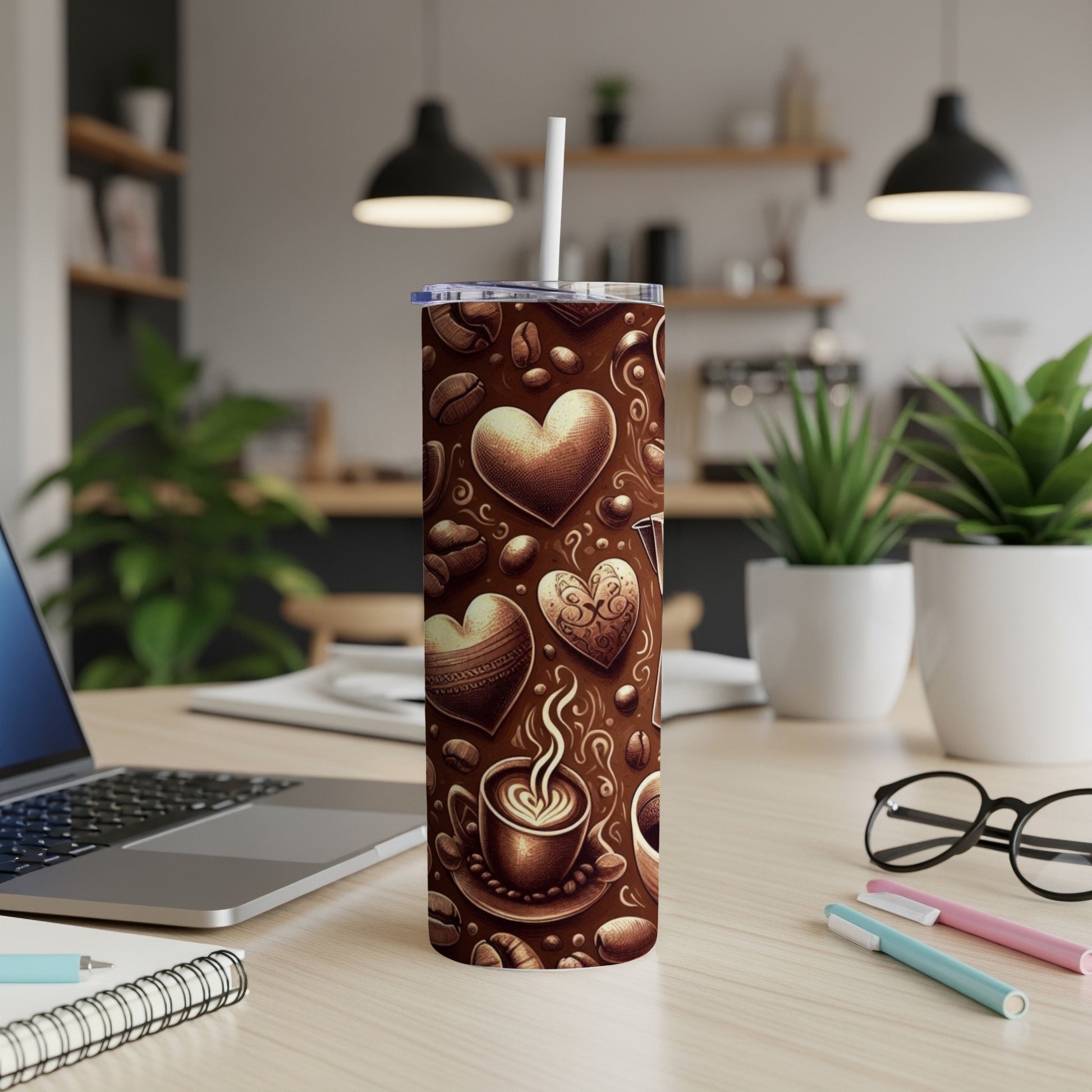 Brown tumbler with hearts and coffee cup pattern.