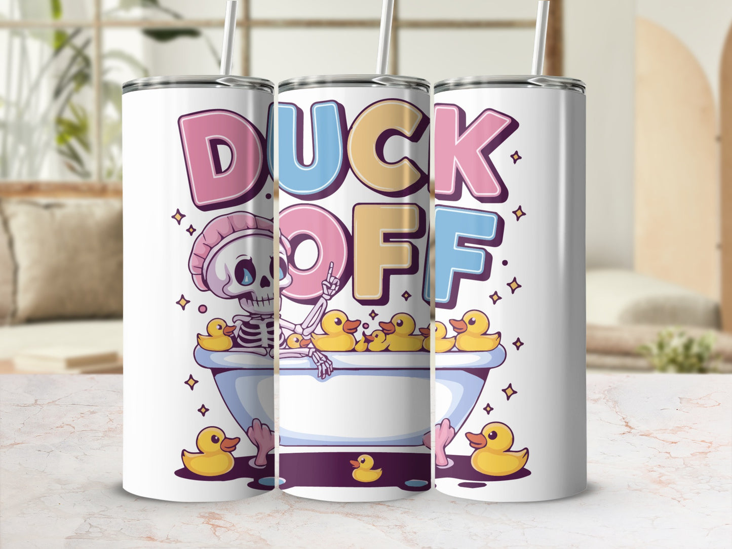 Skeleton in bathtub with rubber ducks, text "DUCK OFF".
