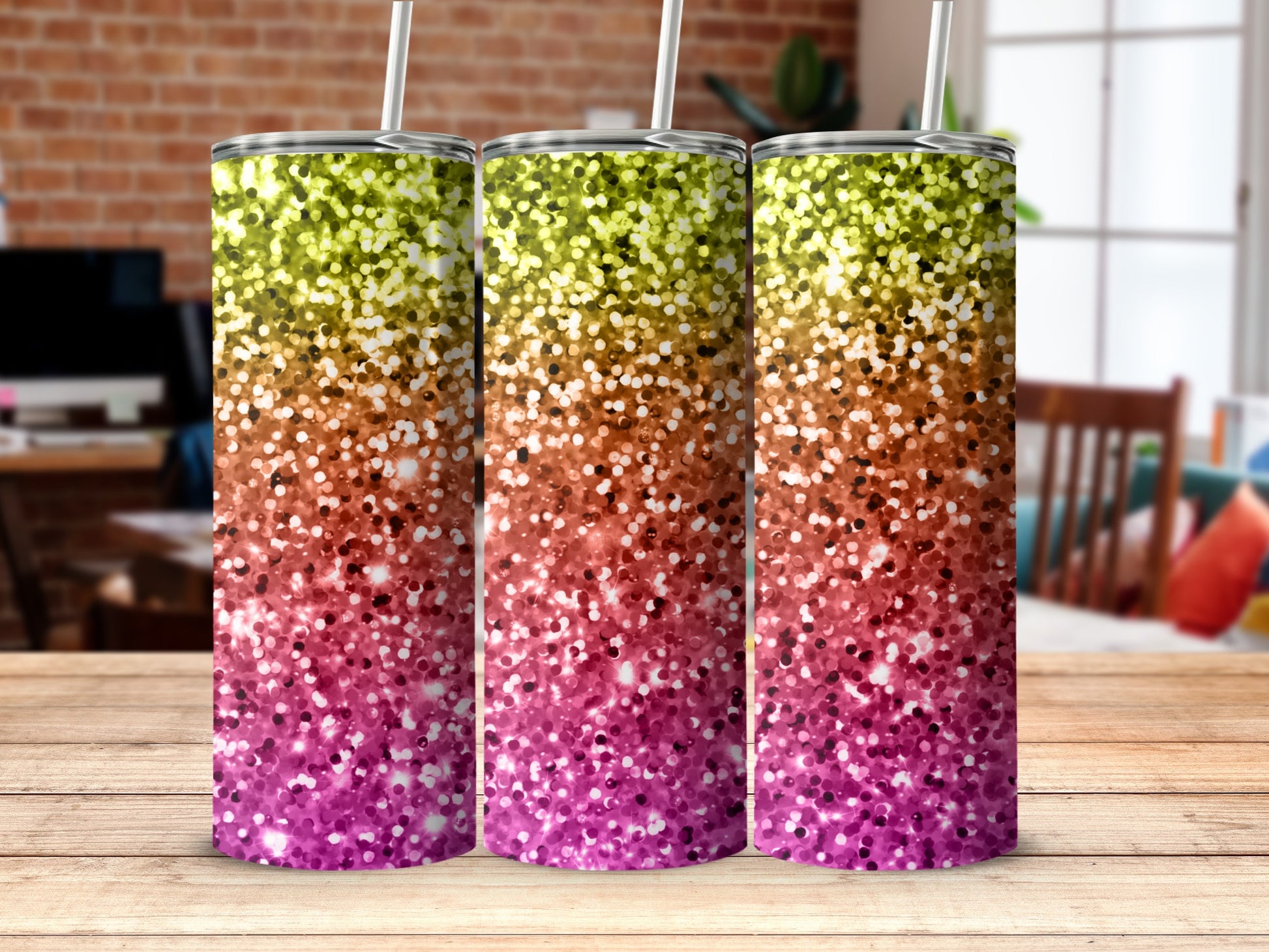 Colorful Glitter Gradient Tumbler with Lid and Straw