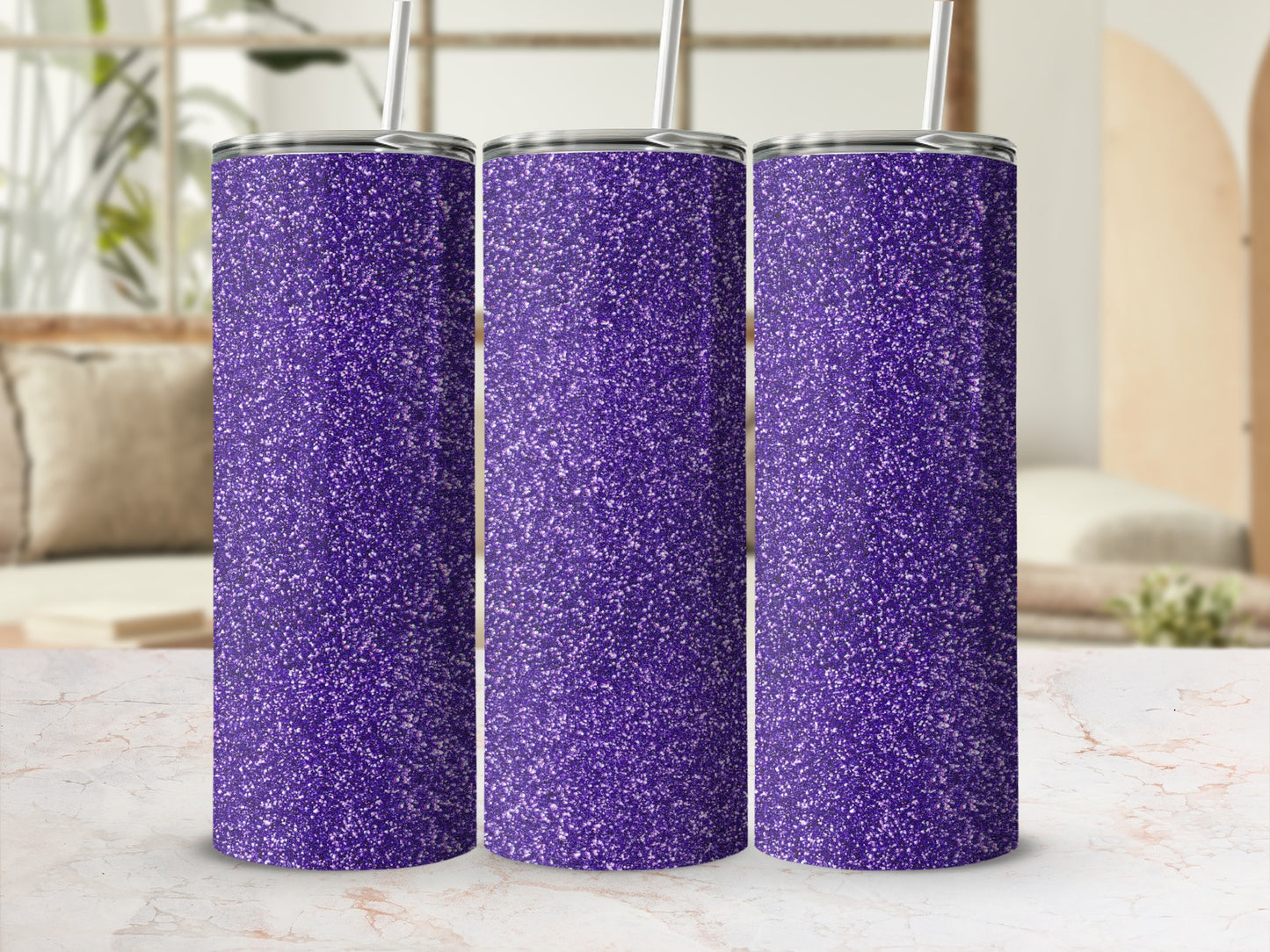 Three purple glitter tumblers with silver lids and straws.
