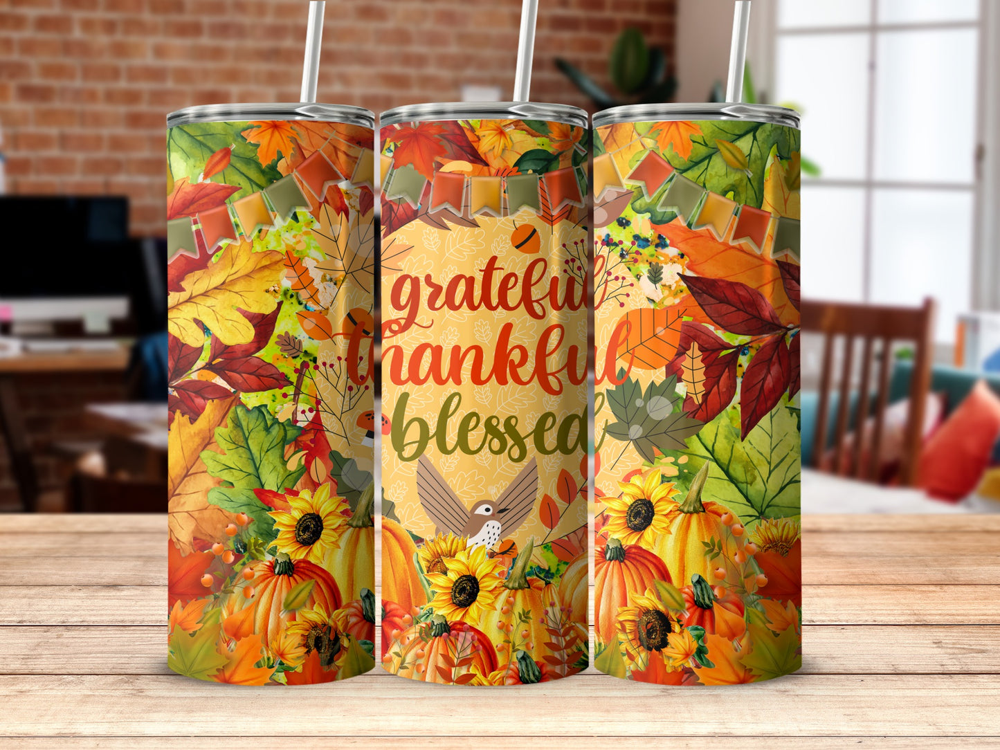 Thanksgiving tumbler with pumpkins, sunflowers, and autumn leaves.