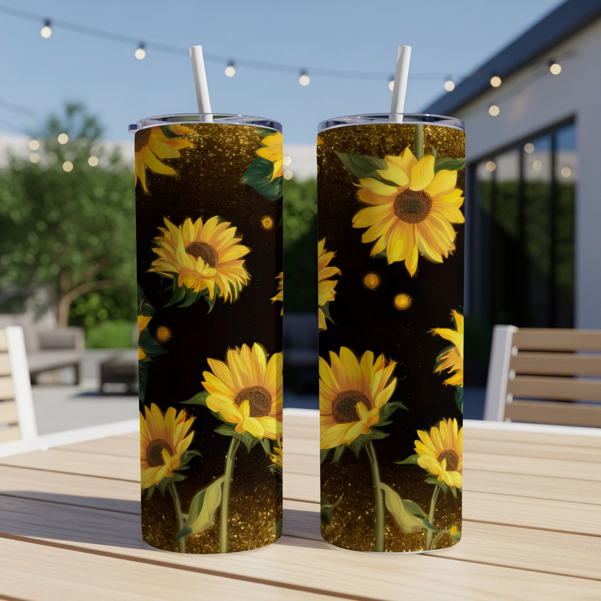 Two tall tumblers with sunflowers and gold glitter on a dark background.