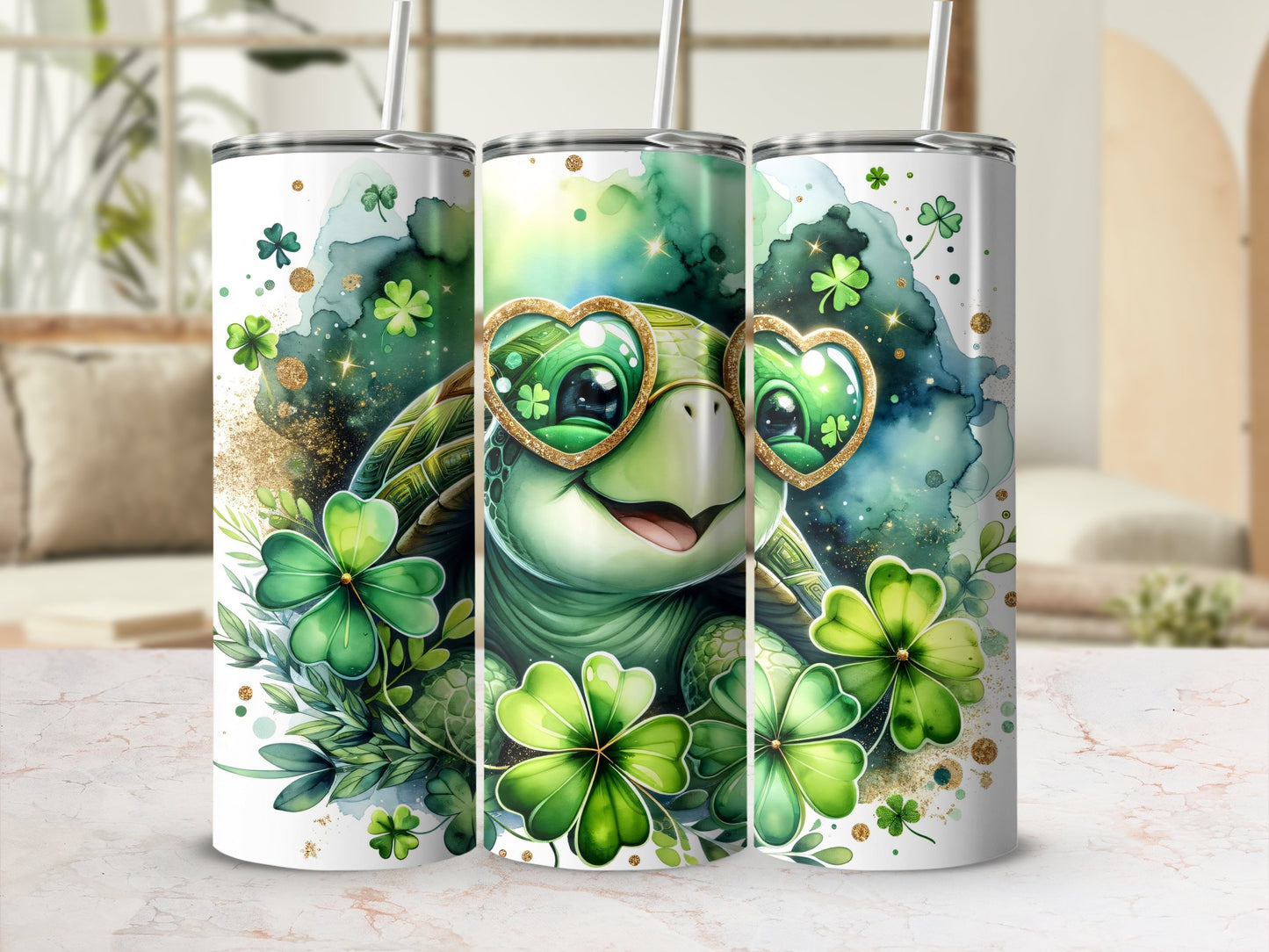 Cute turtle wearing heart-shaped glasses with shamrocks and glitter.