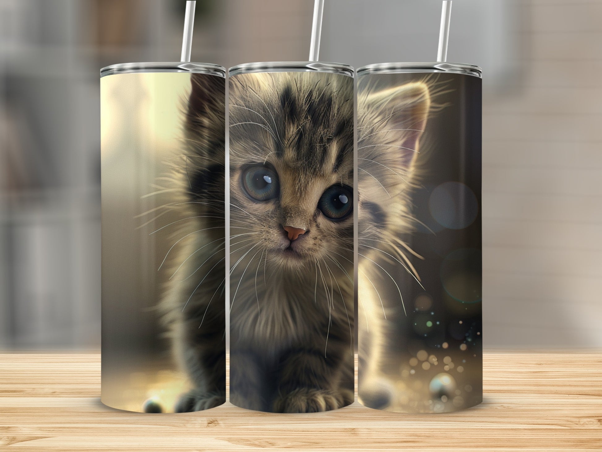 Three skinny tumblers with a kitten illustration against a blurred background.