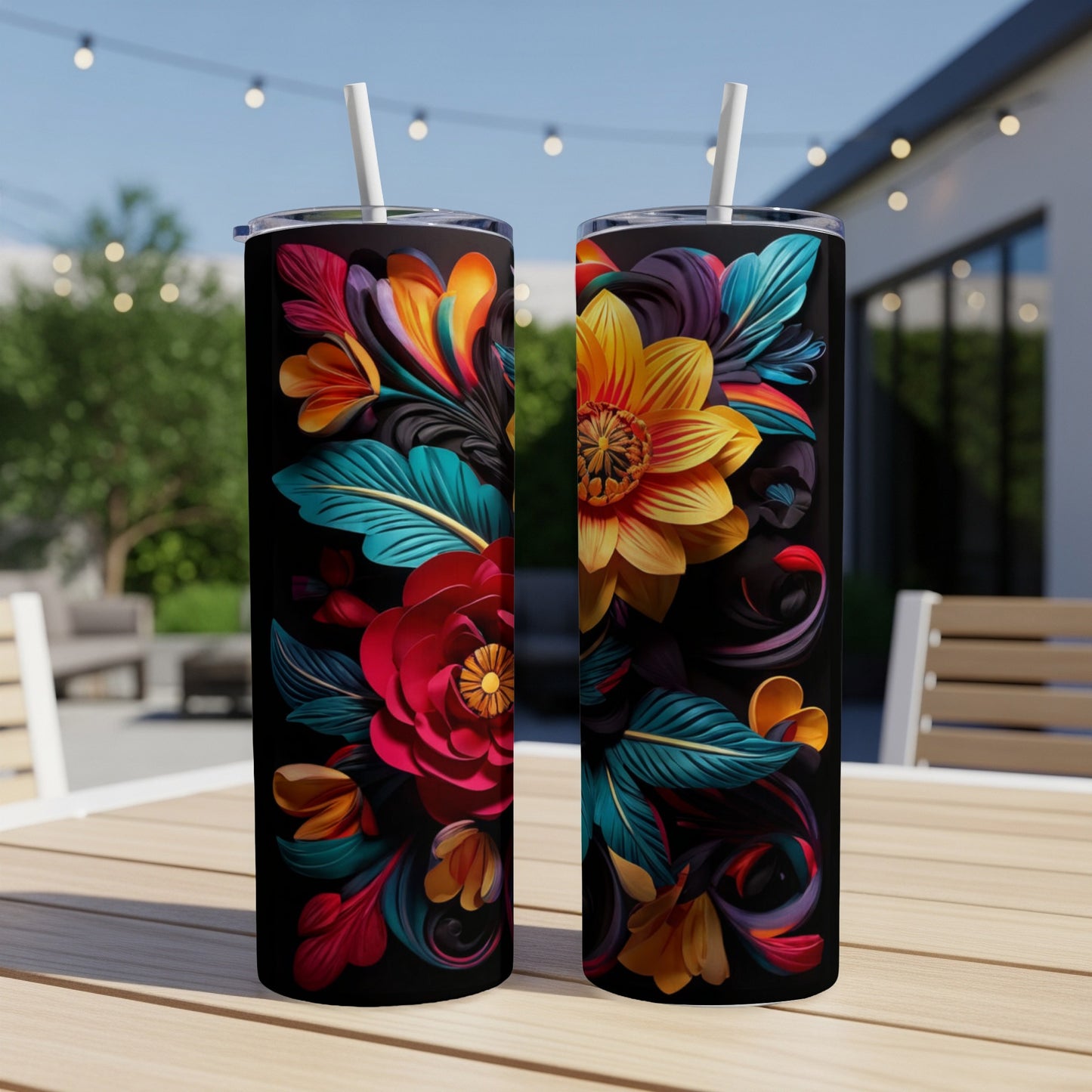 Two tumblers with a vibrant floral design on a dark background.