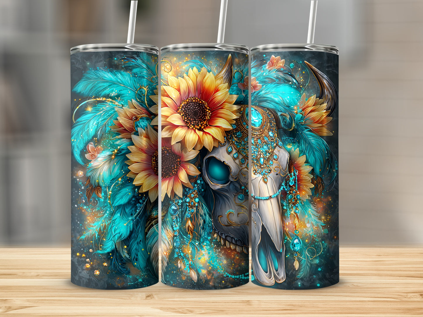 Sunflower Skull Tumbler with Feathers Design