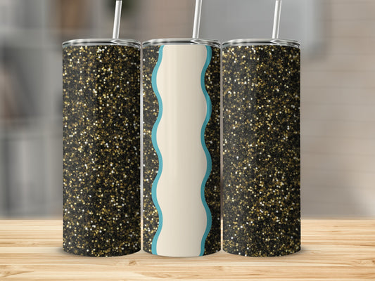 Three glitter tumblers with wavy blue and cream design on a wooden surface.