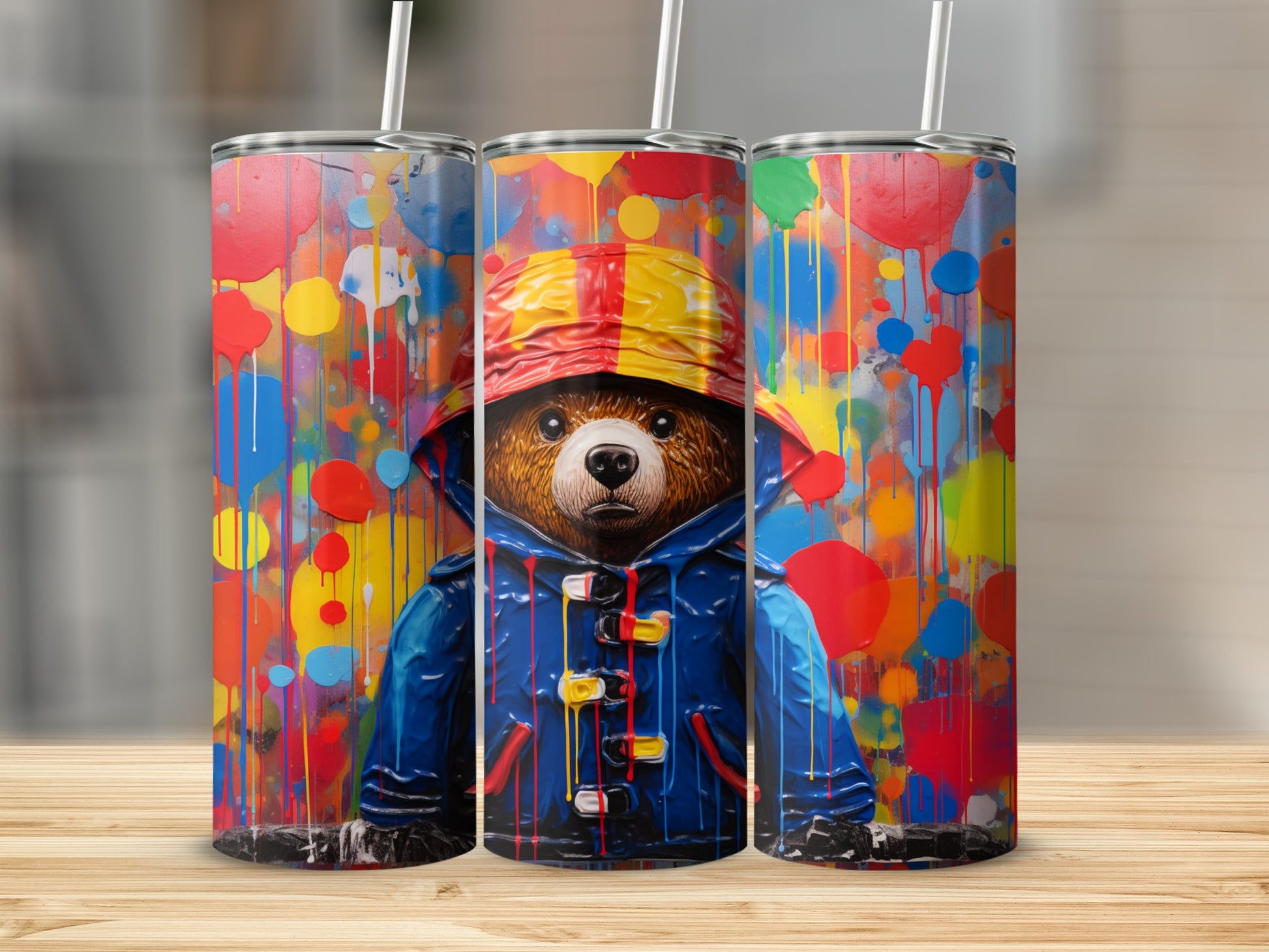Colorful Bear in Raincoat Design Insulated Tumbler