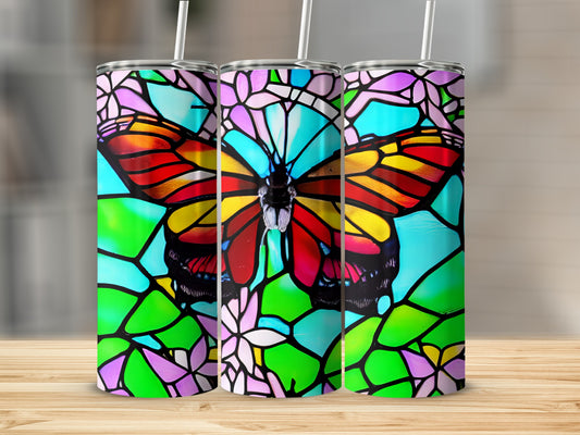 Three tumblers with a stained glass butterfly design.
