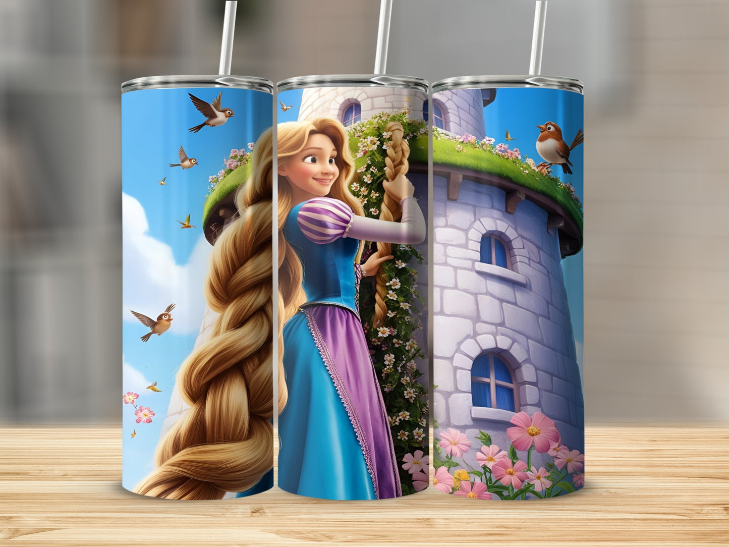 Rapunzel with long blonde hair holding a rope, standing by a castle tower.