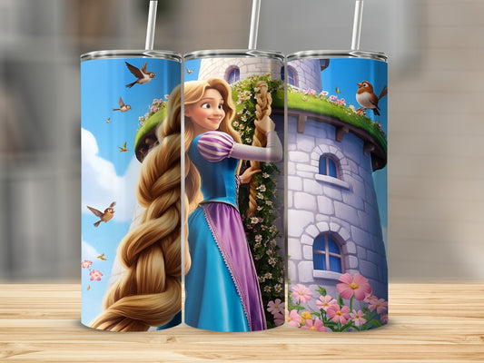 Rapunzel with long blonde hair holding a rope, standing by a castle tower.